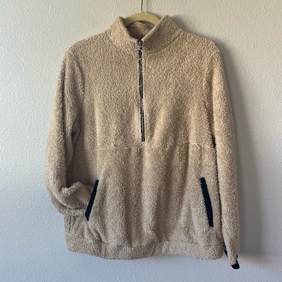 Tan Teddy Quarter Zip Mock Neck Pull Over Sweater- Size Medium - Picture 3 of 7